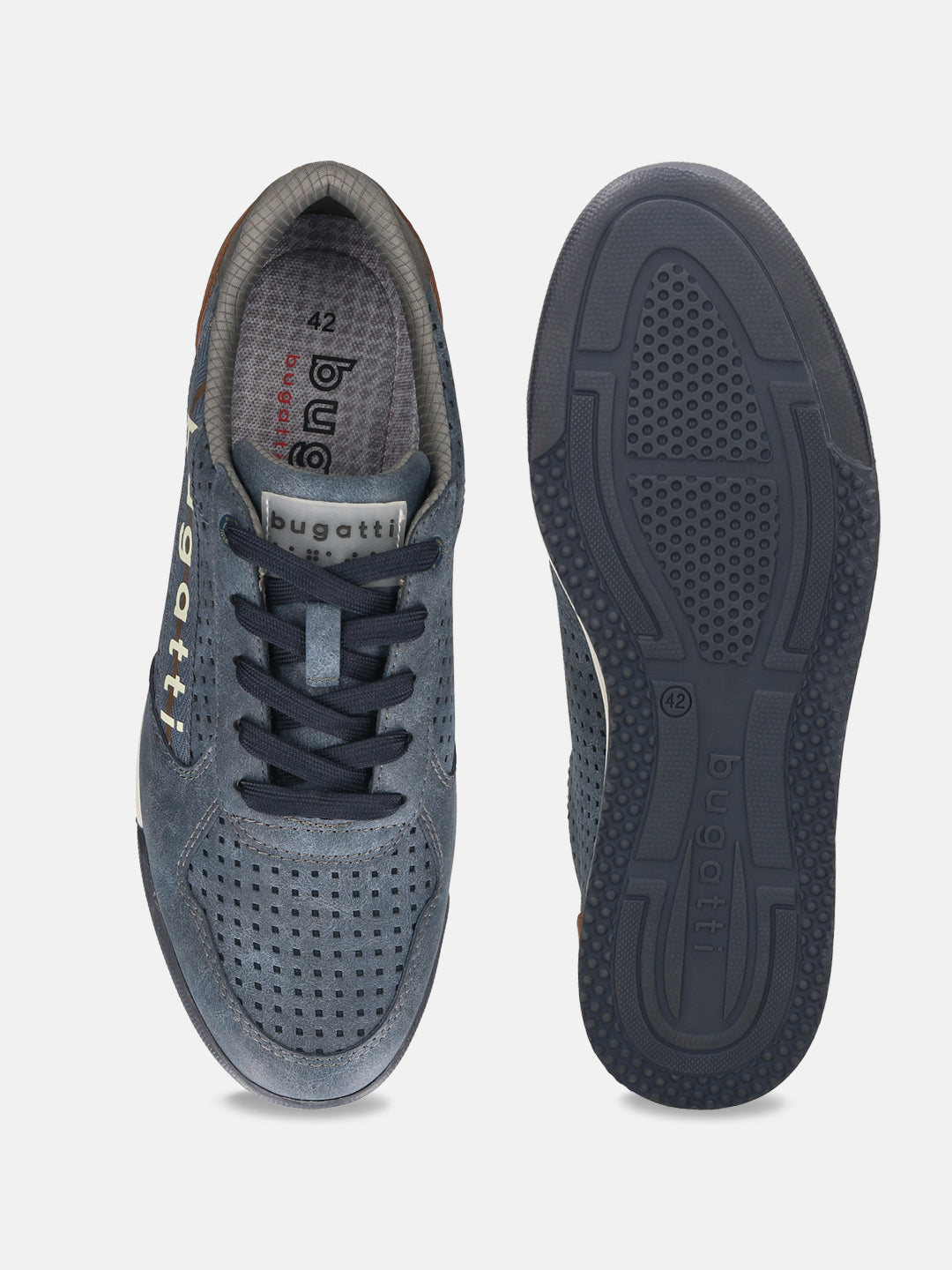 Bugatti Trevor blue comfort sneakers, shown with perforated detailing, navy laces, and a patterned sole.
