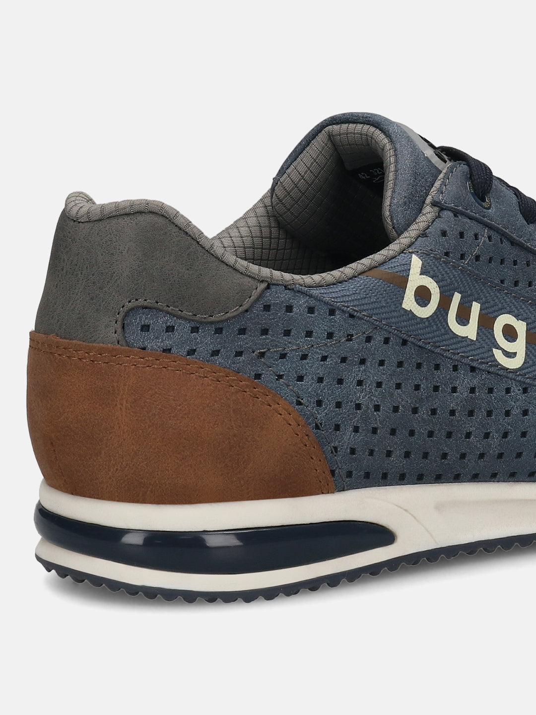 Cropped back view of a bugatti blue leather sneaker with perforated design and brown accents.
