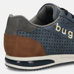 Cropped back view of a bugatti blue leather sneaker with perforated design and brown accents.
