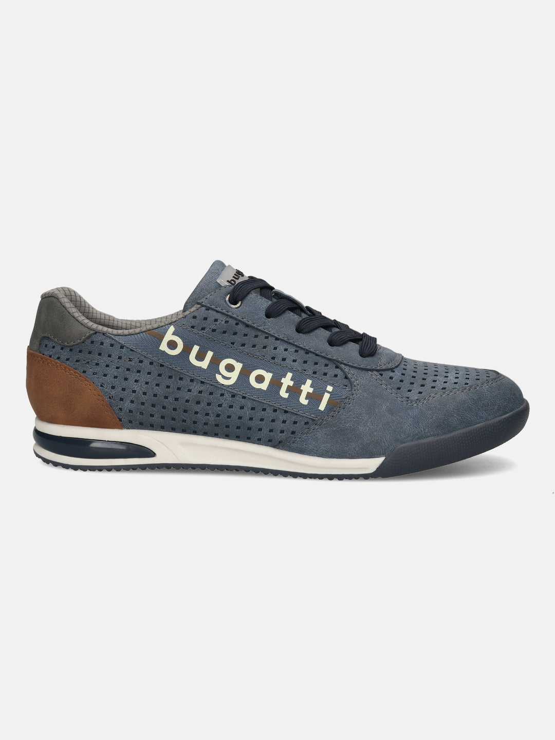 Side view of a blue suede bugatti Trevor Comfort Sneaker with perforated detailing and brown accent on the heel.
