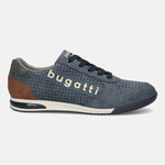 Side view of a blue suede bugatti Trevor Comfort Sneaker with perforated detailing and brown accent on the heel.
