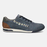 Side view of a blue suede bugatti Trevor Comfort Sneaker with perforated detailing and brown accent on the heel.
