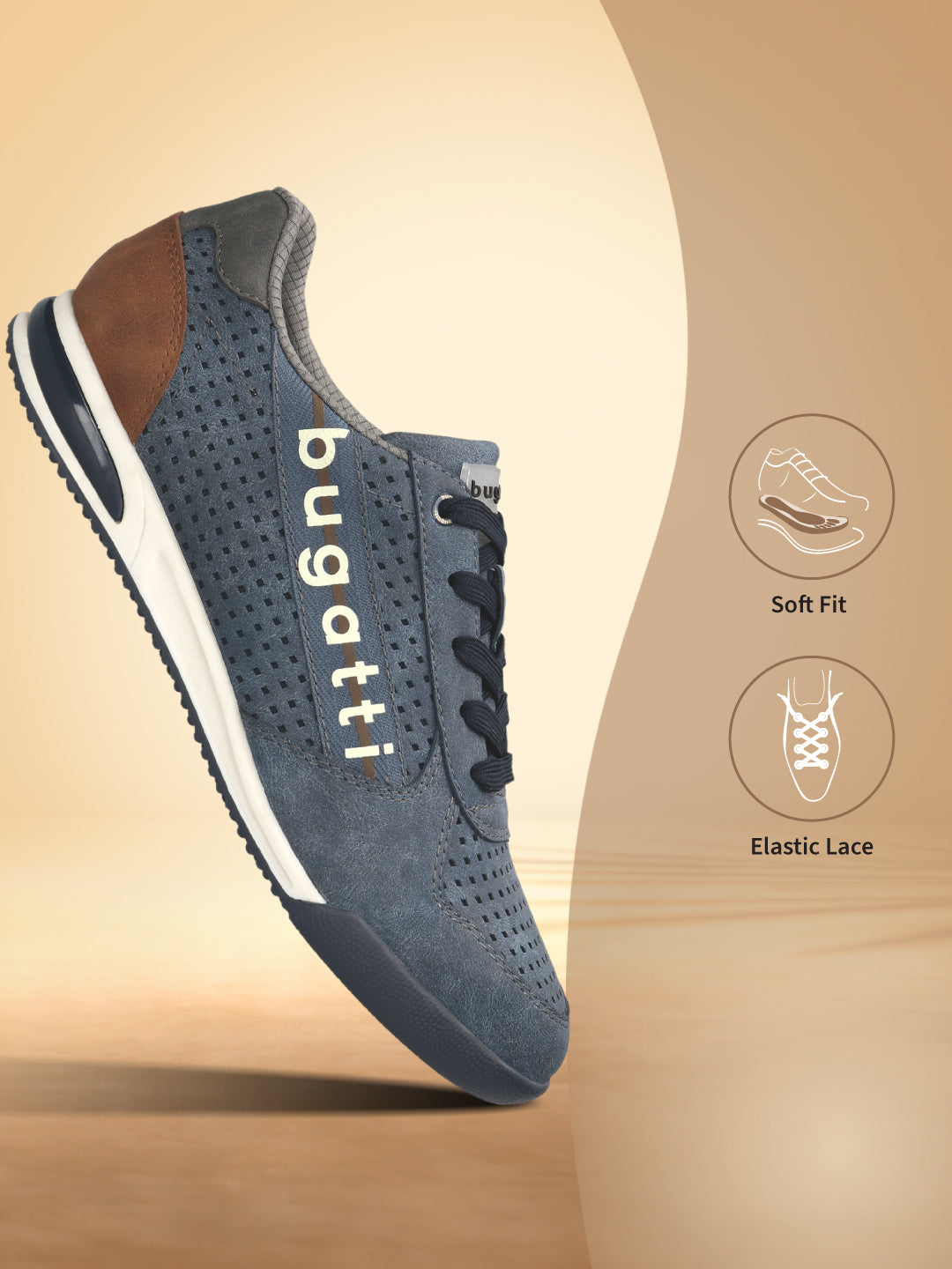 bugatti Trevor blue comfort sneaker featuring a perforated design, brown heel, and elastic laces.
