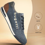 bugatti Trevor blue comfort sneaker featuring a perforated design, brown heel, and elastic laces.
