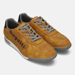 Pair of bugatti Trevor yellow suede sneakers with gray laces and perforated texture.