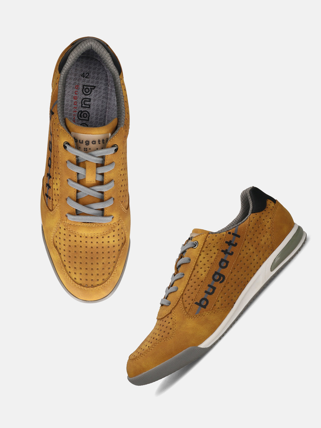 bugatti Trevor yellow sneakers featuring a perforated design, gray laces, and gray soles.