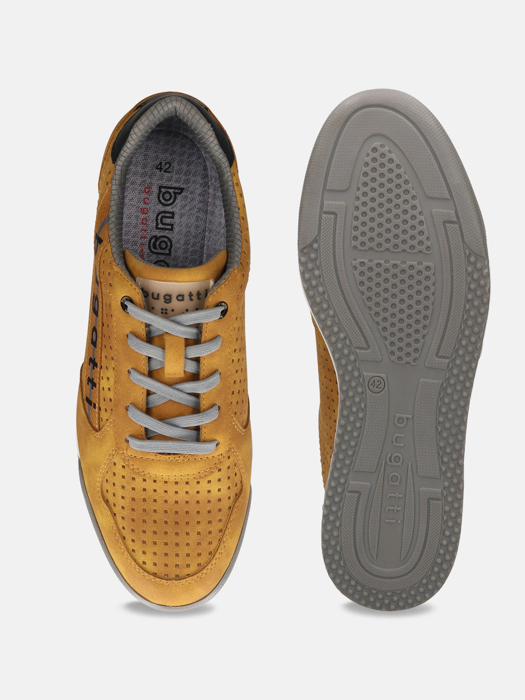 bugatti Trevor yellow comfort sneakers, shown from above and sole, with perforated suede leather and gray laces.
