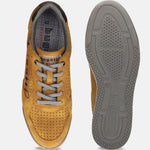 bugatti Trevor yellow comfort sneakers, shown from above and sole, with perforated suede leather and gray laces.
