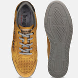 bugatti Trevor yellow comfort sneakers, shown from above and sole, with perforated suede leather and gray laces.
