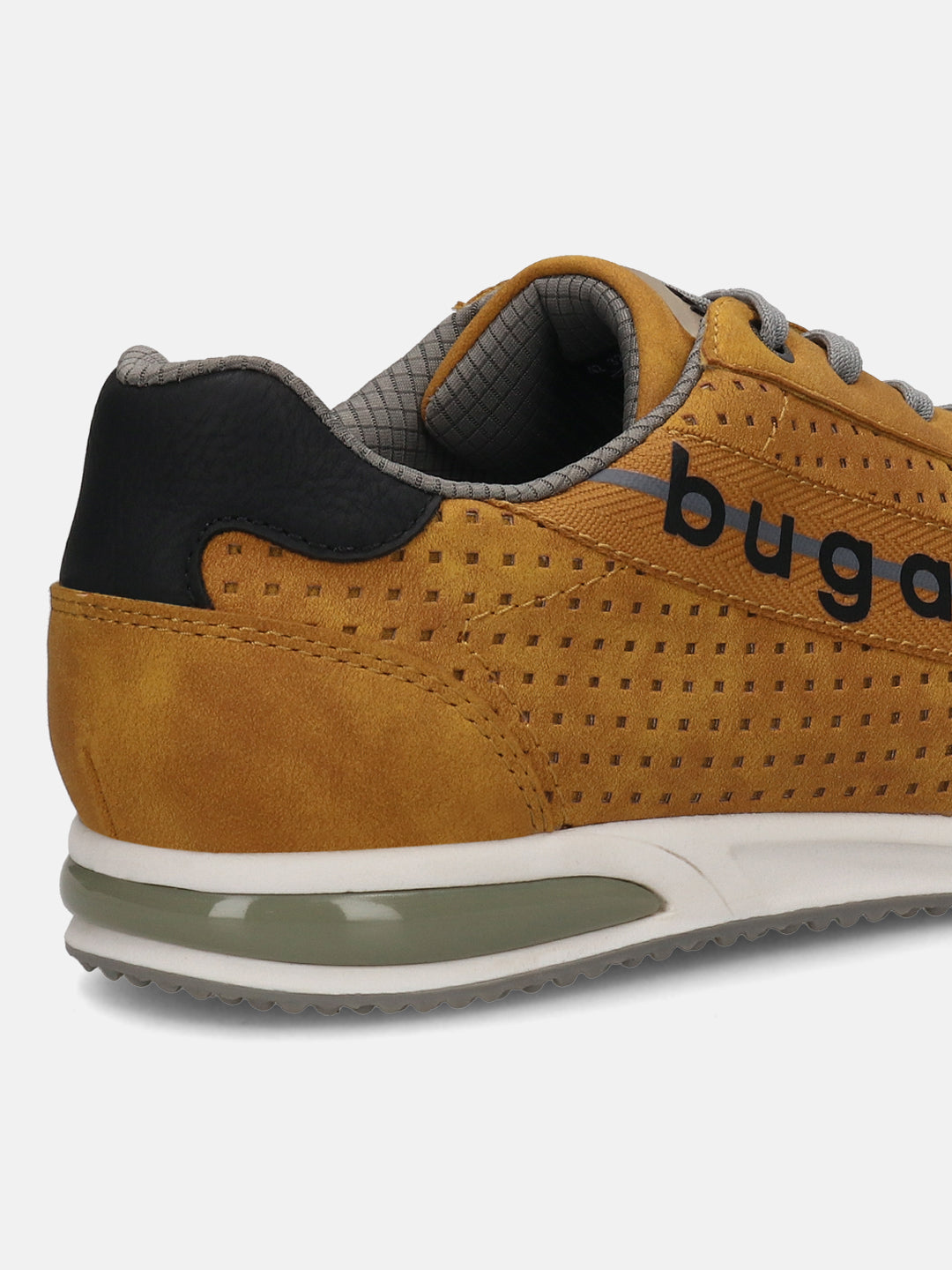 Back view of a bugatti Trevor comfort sneaker in yellow, featuring a perforated upper and a black heel.
