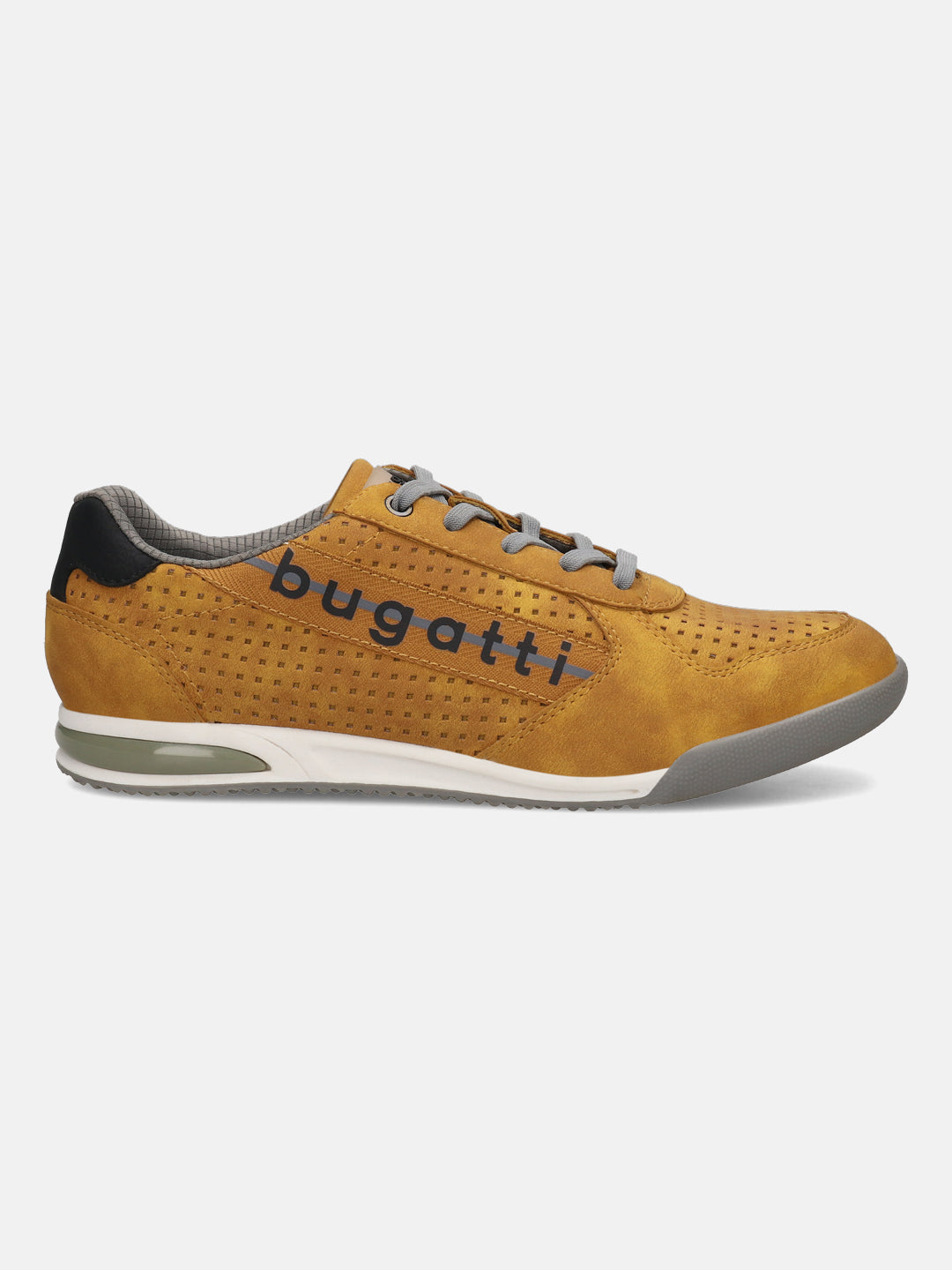 Side view of a yellow bugatti Trevor comfort sneaker, featuring perforated texture, gray laces, and black heel detail.
