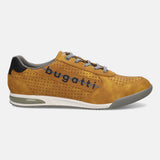 Side view of a yellow bugatti Trevor comfort sneaker, featuring perforated texture, gray laces, and black heel detail.
