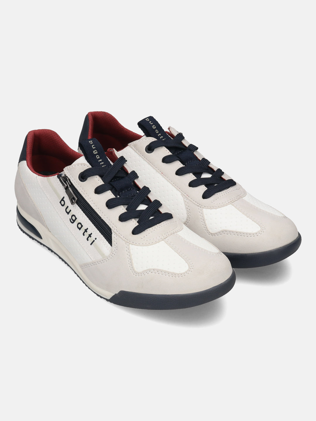 bugatti Trevor white comfort sneakers with navy laces and zipper detail, set at an angle.