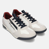 bugatti Trevor white comfort sneakers with navy laces and zipper detail, set at an angle.