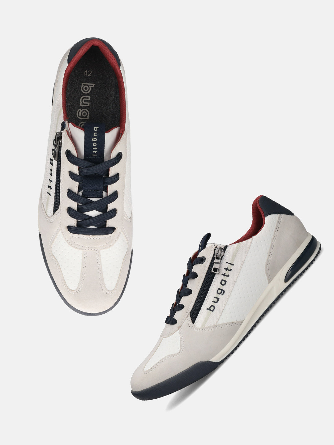 bugatti Trevor white comfort sneakers with navy laces, red lining, and a side zipper.
