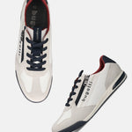 bugatti Trevor white comfort sneakers with navy laces, red lining, and a side zipper.
