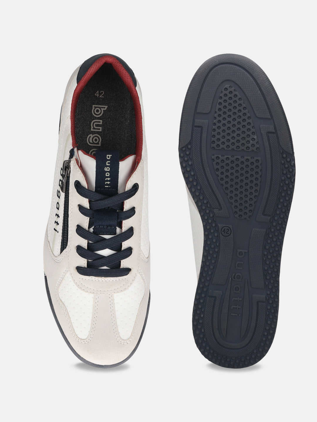 bugatti Trevor white sneakers, top and sole view; lace-up with side zipper, white and blue.