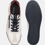 bugatti Trevor white sneakers, top and sole view; lace-up with side zipper, white and blue.