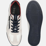 bugatti Trevor white sneakers, top and sole view; lace-up with side zipper, white and blue.