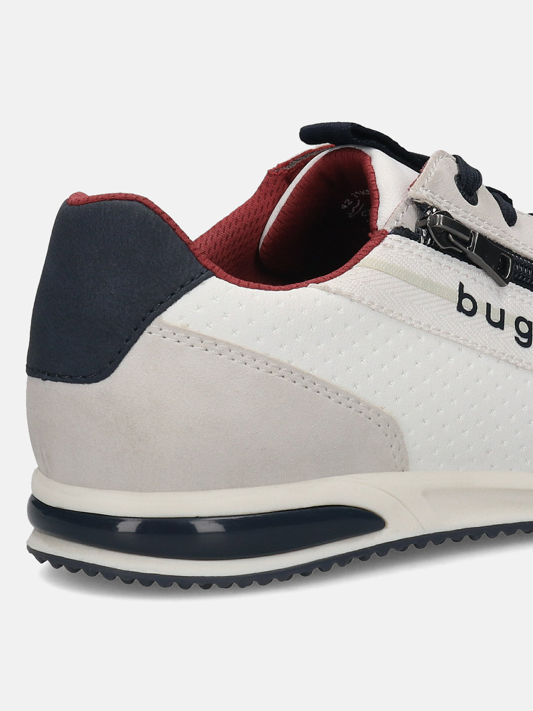 Cropped side view of a white bugatti sneaker with a perforated texture and side zipper detail.
