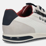 Cropped side view of a white bugatti sneaker with a perforated texture and side zipper detail.
