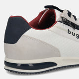 Cropped side view of a white bugatti sneaker with a perforated texture and side zipper detail.
