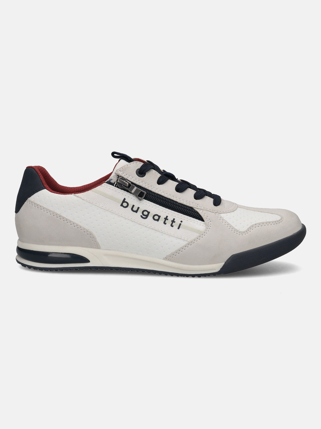 Side view of the bugatti Trevor white Comfort Sneakers, featuring a white perforated panel, gray suede trim, black laces, and decorative zipper.