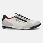 Side view of the bugatti Trevor white Comfort Sneakers, featuring a white perforated panel, gray suede trim, black laces, and decorative zipper.