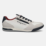 Side view of the bugatti Trevor white Comfort Sneakers, featuring a white perforated panel, gray suede trim, black laces, and decorative zipper.