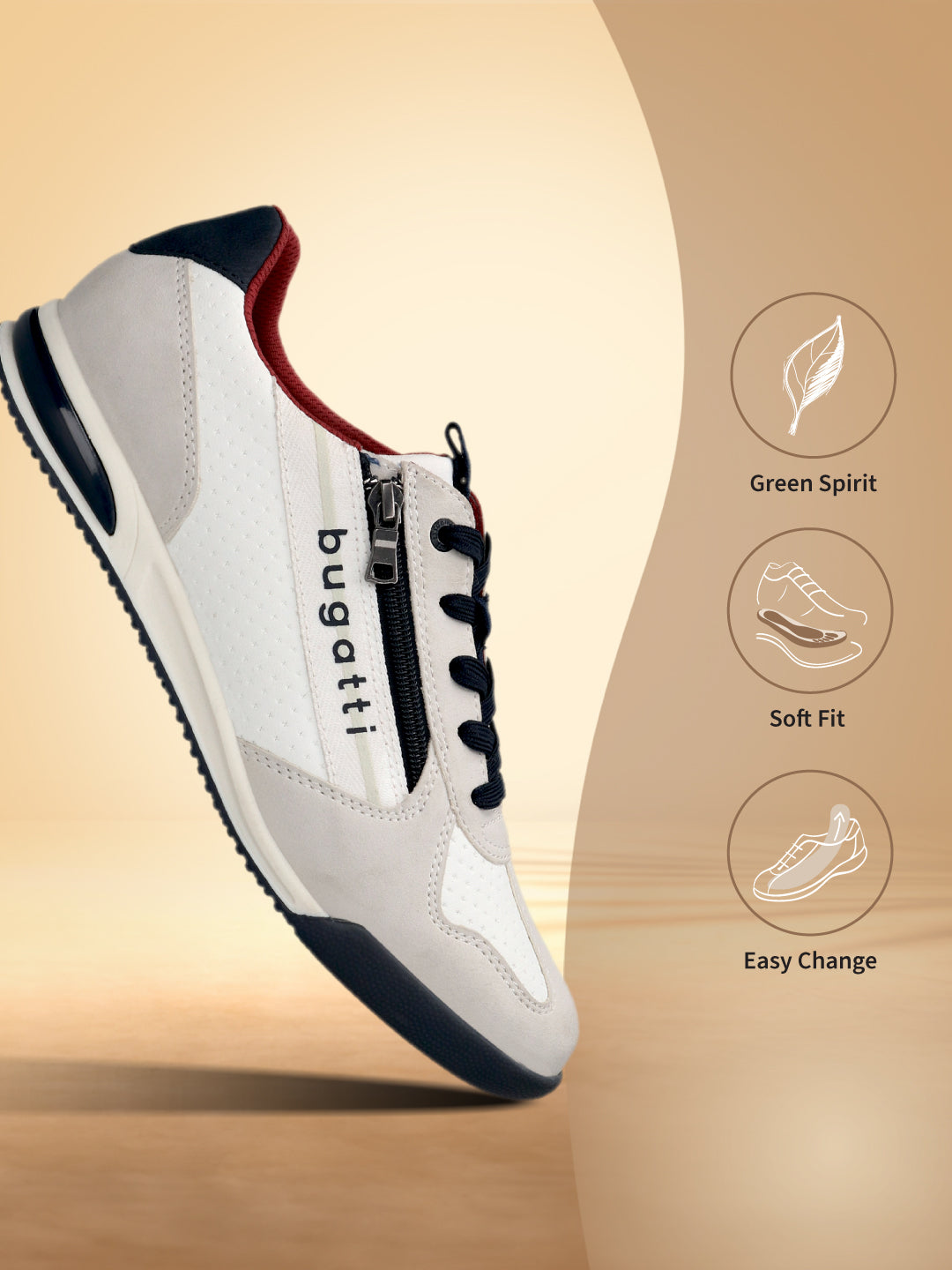 Bugatti Trevor white comfort sneaker featuring white perforated leather, gray suede overlays, and a black zipper detail.