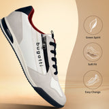 Bugatti Trevor white comfort sneaker featuring white perforated leather, gray suede overlays, and a black zipper detail.