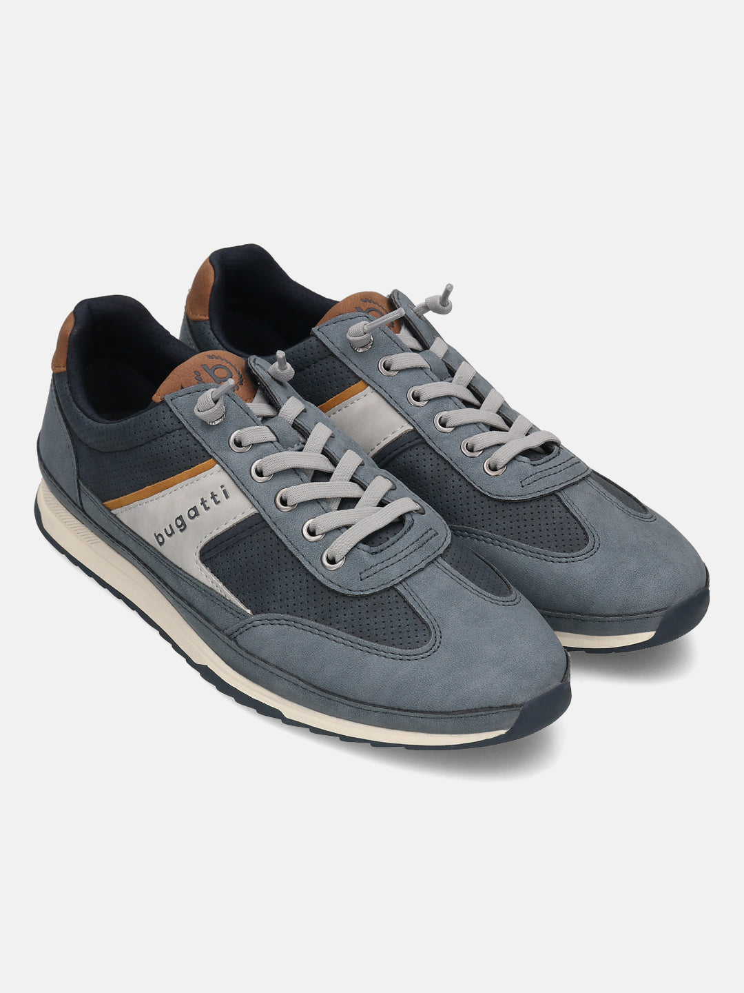 bugatti Riptide comfort sneakers in blue with gray laces, perforated details, and a tan accent.
