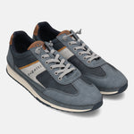 bugatti Riptide comfort sneakers in blue with gray laces, perforated details, and a tan accent.
