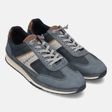 bugatti Riptide comfort sneakers in blue with gray laces, perforated details, and a tan accent.

