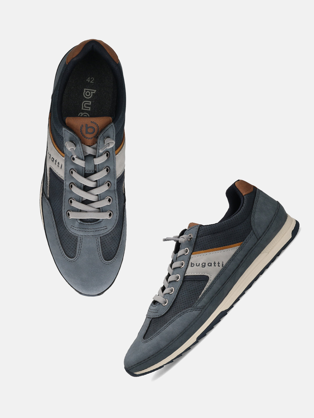 Bugatti Riptide blue comfort sneakers with suede and perforated texture, lace-up style, tan and gray accents.
