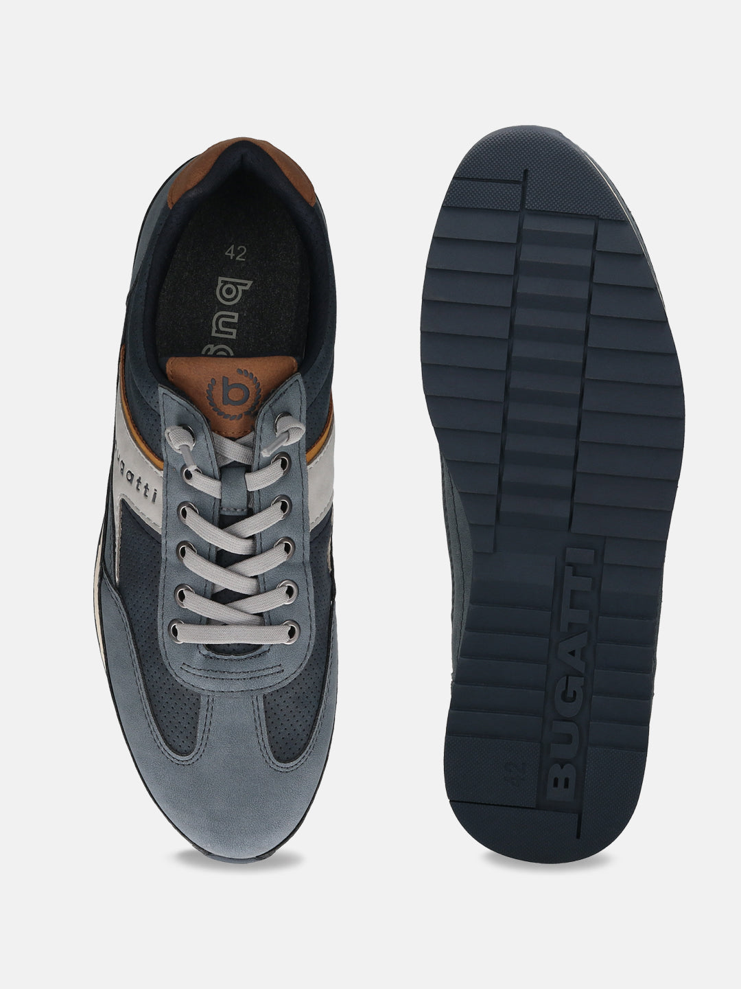 Bugatti Riptide blue comfort sneakers with gray laces, brown accents, and a ridged sole.
