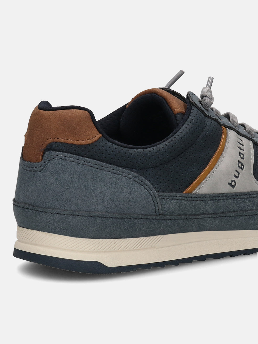 Cropped back view of a blue bugatti sneaker with brown leather accents and a thick, beige sole.
