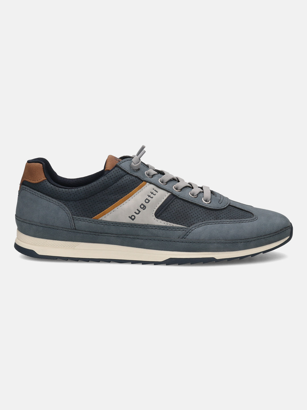 Side view of a blue bugatti sneaker with brown and silver accents, gray laces, and a textured sole.