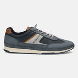 Side view of a blue bugatti sneaker with brown and silver accents, gray laces, and a textured sole.