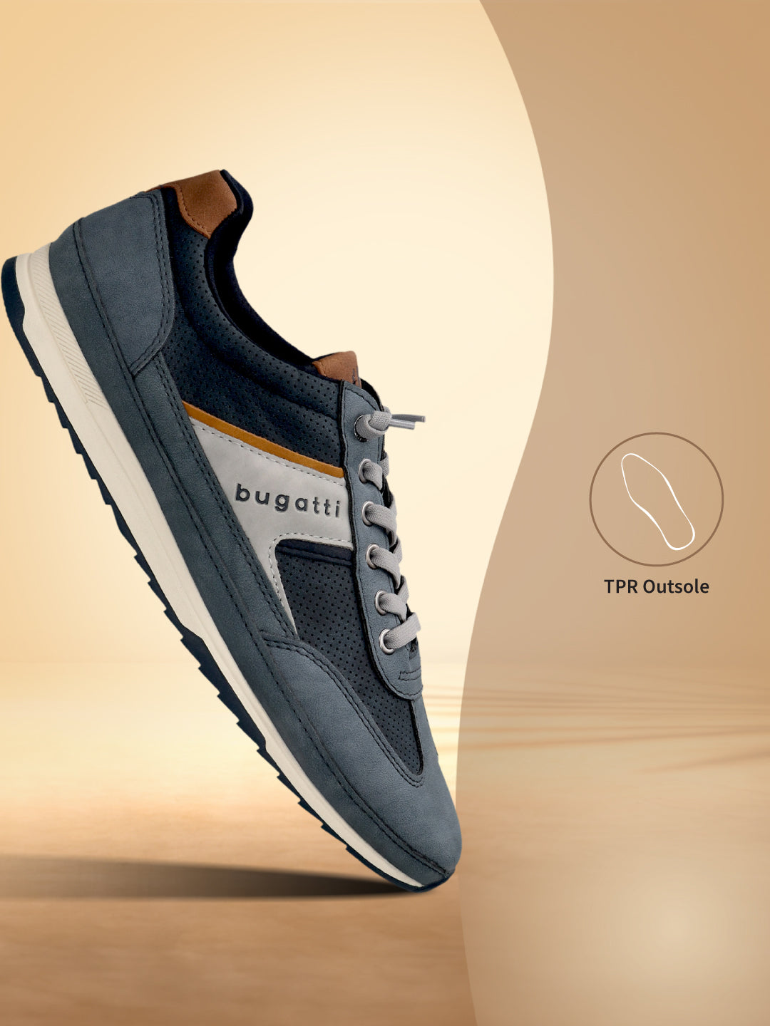 Side view of a blue bugatti sneaker, with brown accents, light gray laces, and a white midsole.