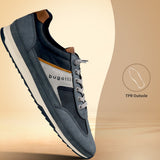 Side view of a blue bugatti sneaker, with brown accents, light gray laces, and a white midsole.