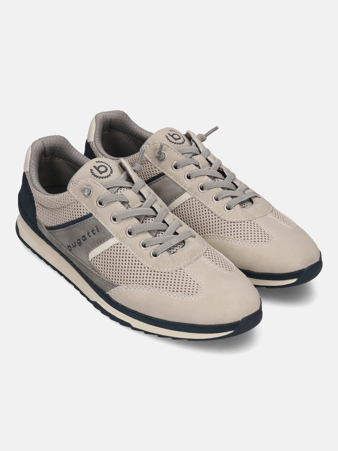 bugatti Riptide sand Comfort Sneakers with mesh and suede-like paneling, gray laces and a dark blue sole.
