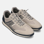bugatti Riptide sand Comfort Sneakers with mesh and suede-like paneling, gray laces and a dark blue sole.
