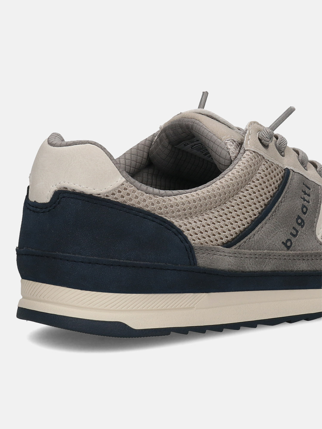 Back view of a bugatti Riptide sand Comfort Sneaker with mesh, suede, and navy accents.

