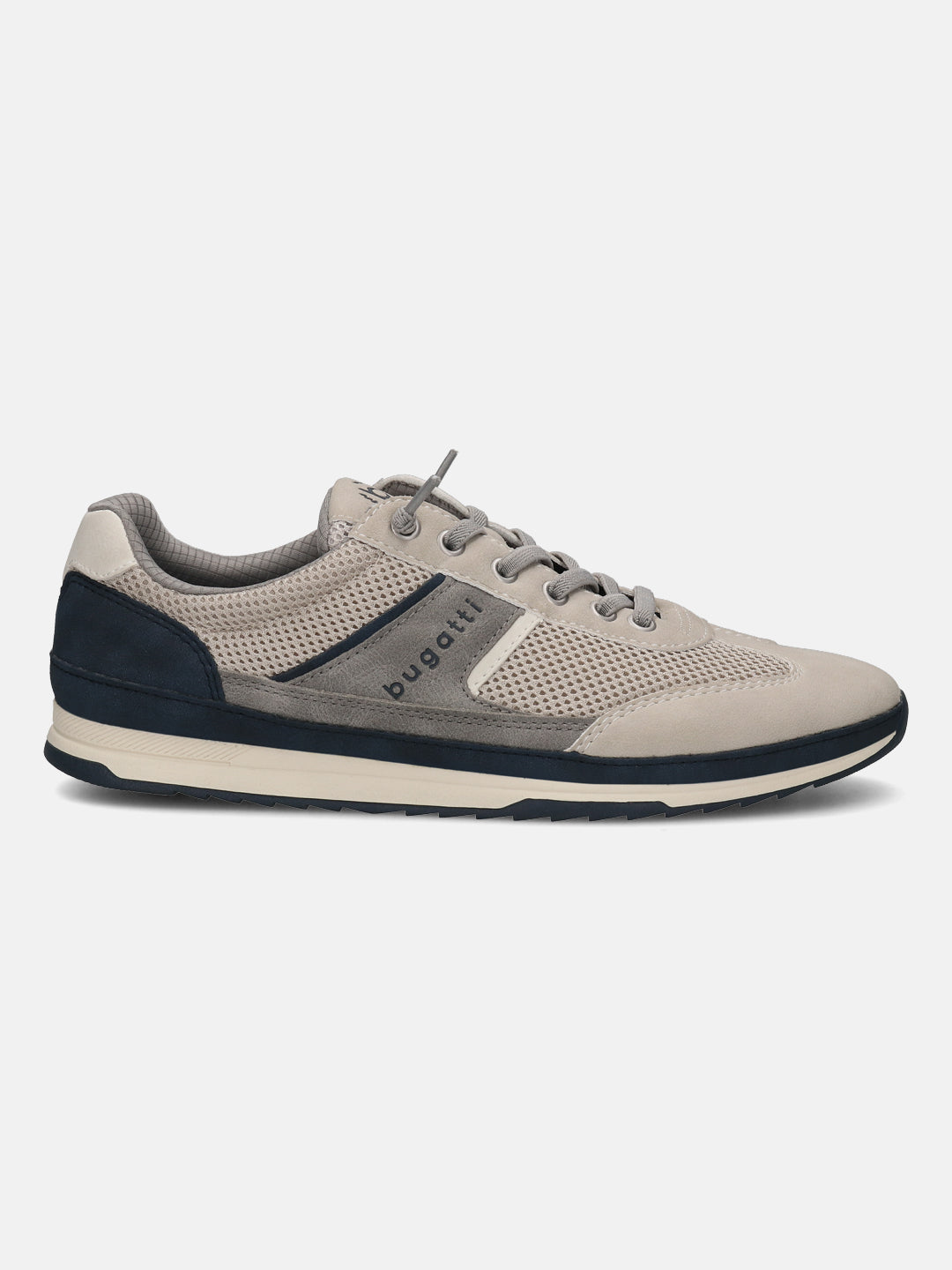 Side view of a bugatti Riptide sand-colored comfort sneaker with dark blue and gray accents, made of suede and mesh.
