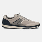 Side view of a bugatti Riptide sand-colored comfort sneaker with dark blue and gray accents, made of suede and mesh.
