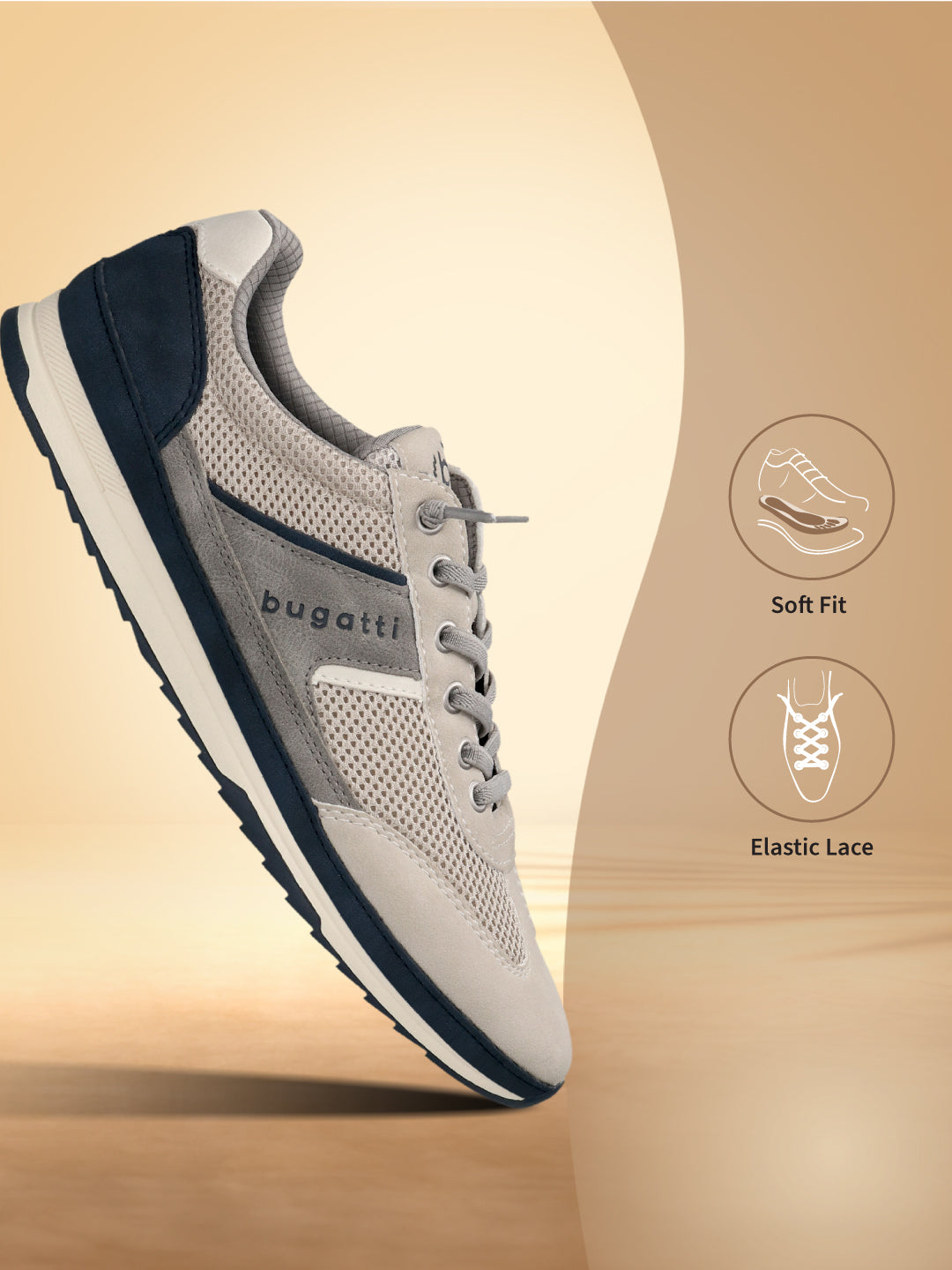 Side view of a bugatti Riptide sand Comfort Sneaker with blue accents and elastic gray laces.