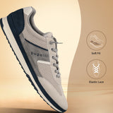 Side view of a bugatti Riptide sand Comfort Sneaker with blue accents and elastic gray laces.