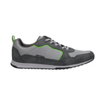 Side view of a dark gray bugatti Riptide comfort sneaker with green accents.
