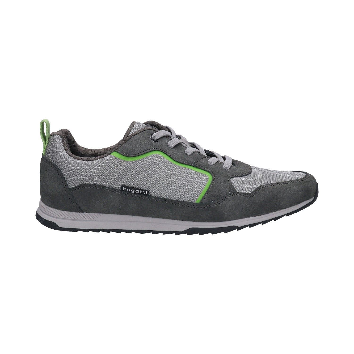 Side view of a dark gray bugatti Riptide comfort sneaker with green accents.

